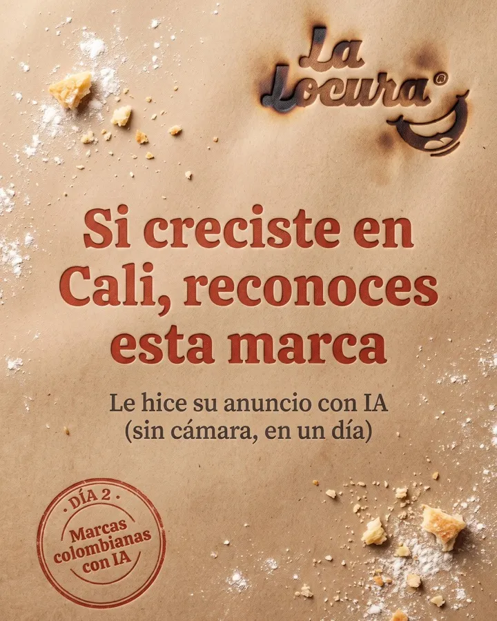 Publicación de Instagram de Matías Lopera mostrando un anuncio de una marca de pastelería producido íntegramente con inteligencia artificial