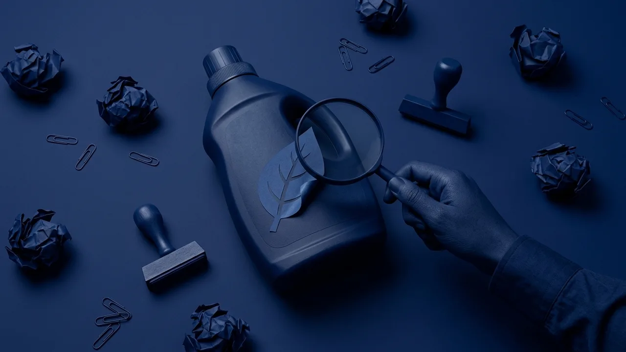 Bodegón en tonos azul marino con un envase de producto que lleva pegada una hoja de papel recortada, una mano que la examina con una lupa y dos tampones de goma entre papeles arrugados y clips, metáfora de la revisión de las alegaciones ambientales de una marca