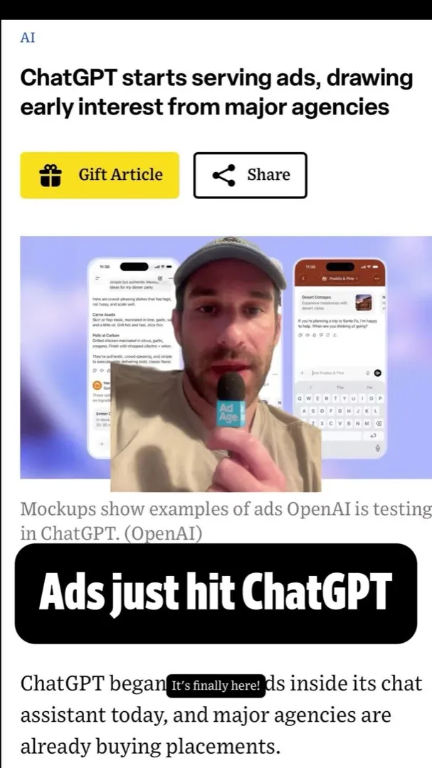 Vídeo de Ad Age en TikTok sobre el primer día de anuncios en ChatGPT