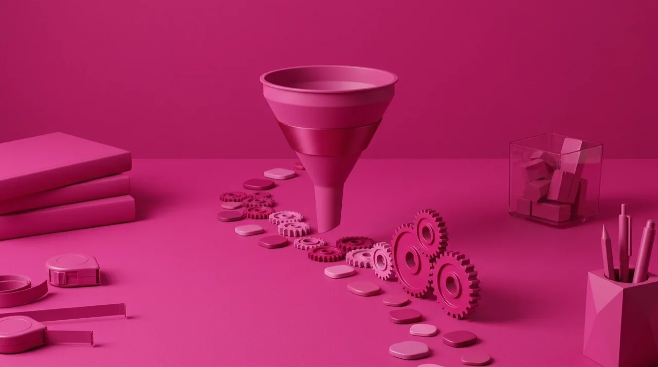 Un embudo de marketing iluminado en su zona media, con tres marcas referentes activando la conexión entre el descubrimiento y la compra, metáfora del middle funnel