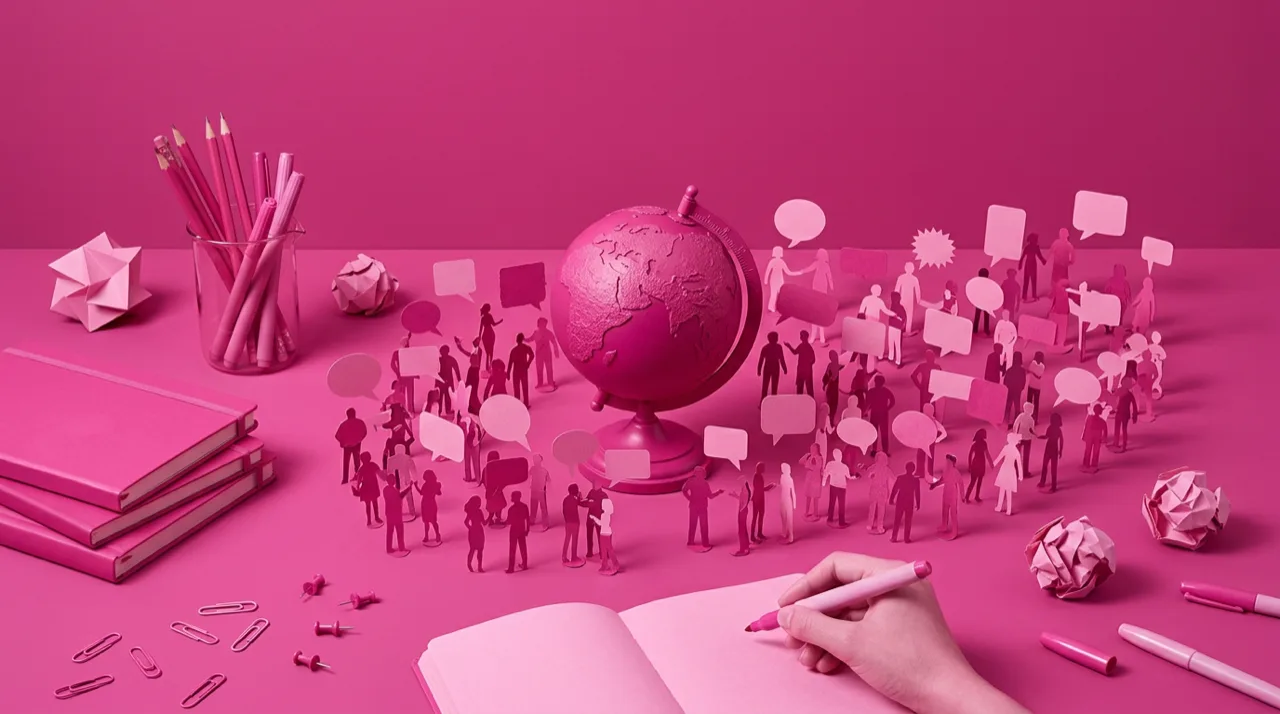 Globo terráqueo rodeado de bocadillos de conversación en distintos idiomas, metáfora de una comunidad de marca con diversidad geográfica, cultural y de lenguaje
