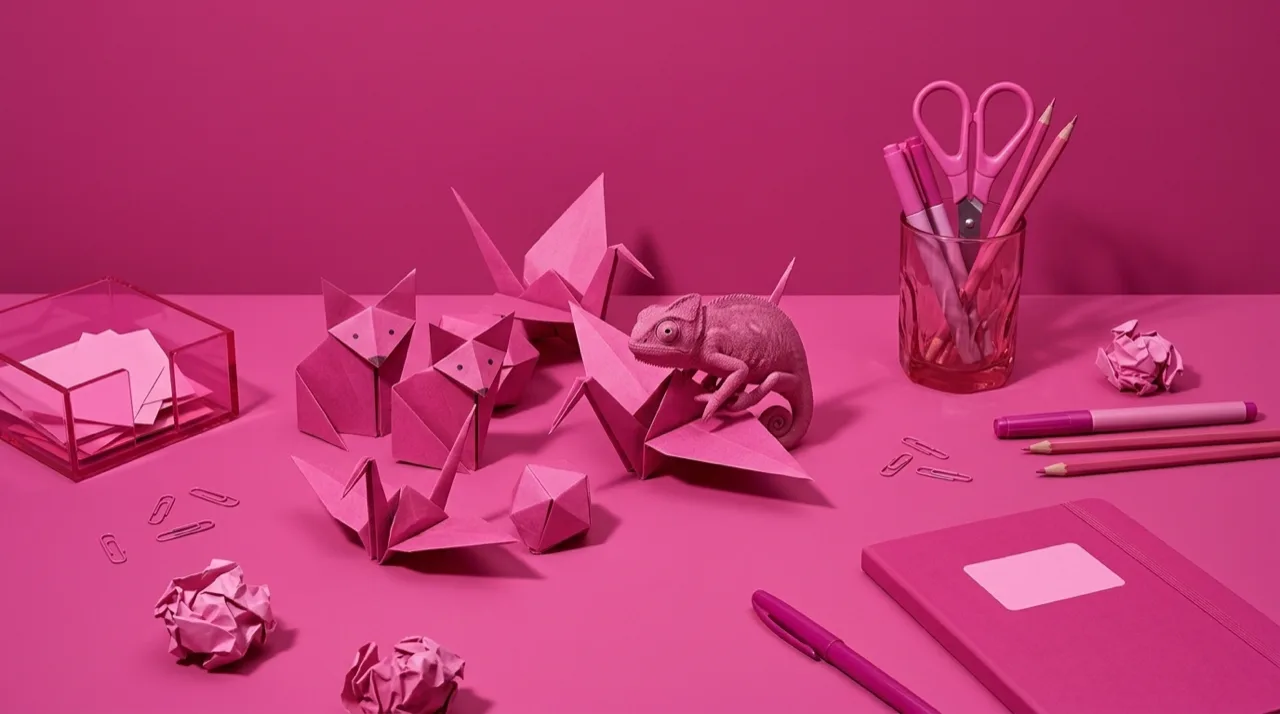 Bodegón en tonos verdes: un camaleón sobre un cuaderno de bocetos junto a piezas que cambian de forma, metáfora de la creatividad que se adapta al cambio