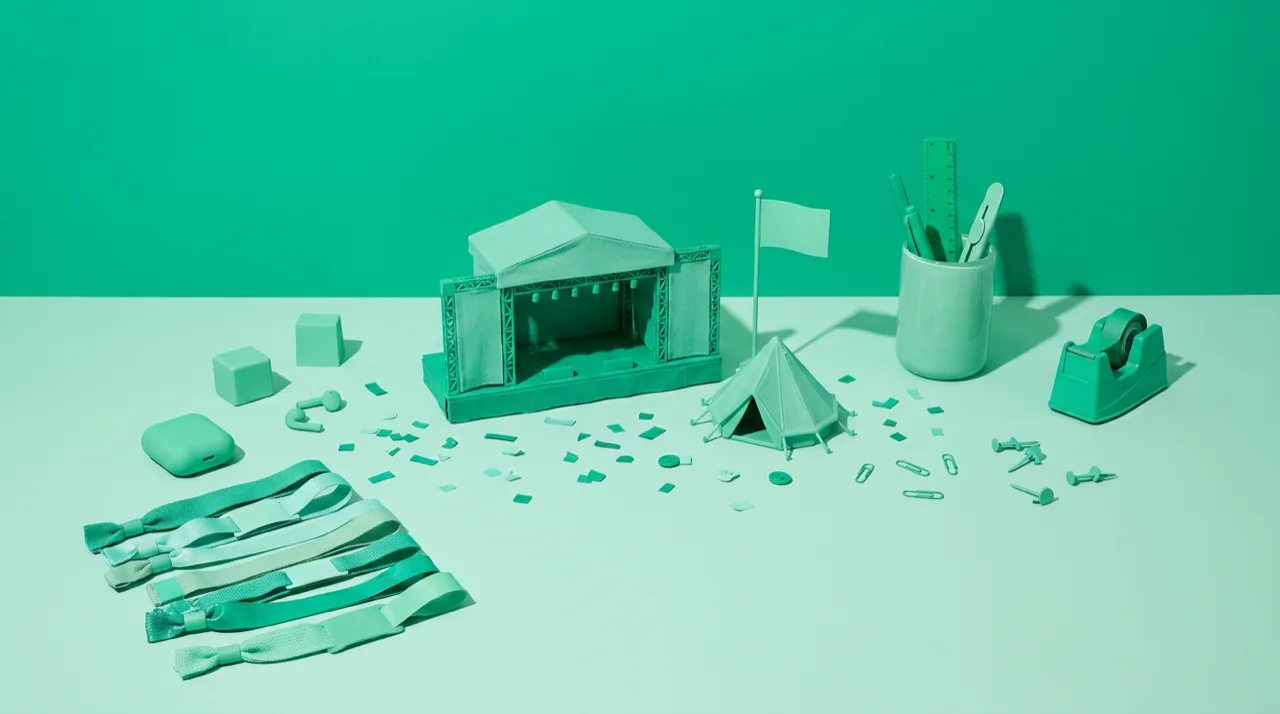 Bodegón en tonos verdes: una pulsera de festival y un escenario iluminado al fondo, metáfora del marketing de experiencias y comunidad de los festivales