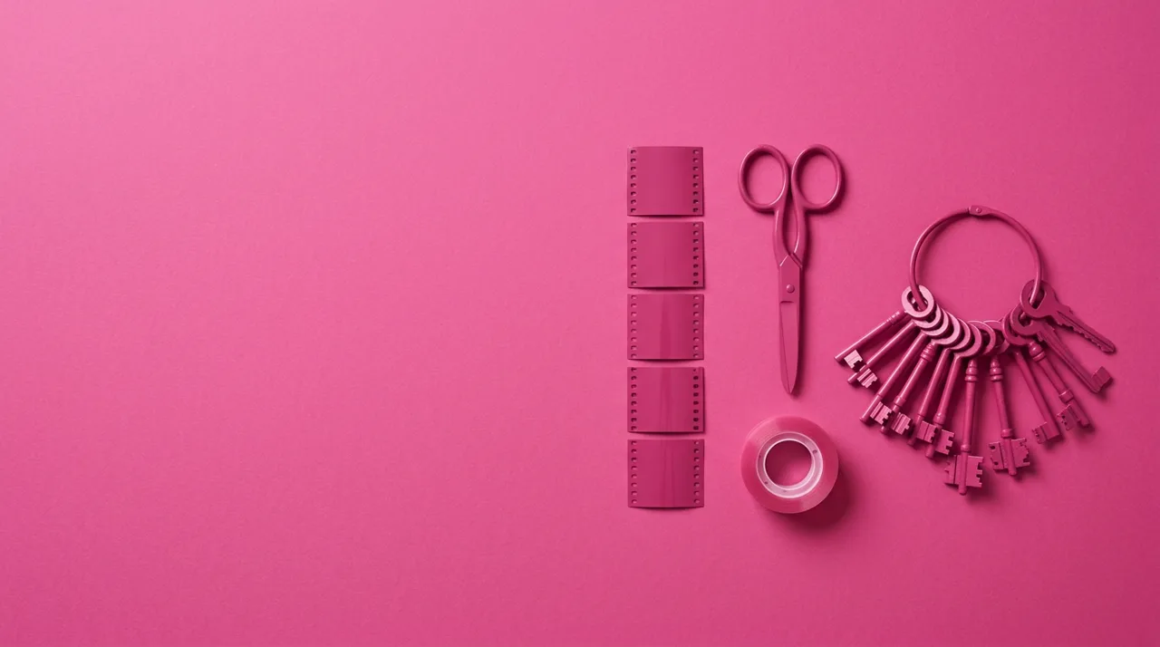 Bodegón cenital en tonos rosa con una tira de película de 35 mm cortada en piezas verticales como pantallas de móvil, unas tijeras, un rollo de cinta y un llavero abierto, metáfora de una marca que entrega las llaves de su archivo a los creadores