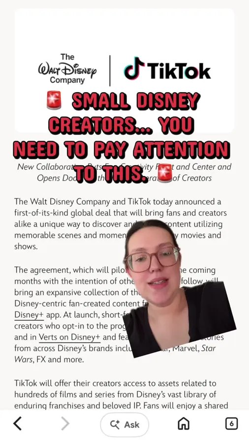 Vídeo de TikTok de una creadora de viajes a Disney explicando el acuerdo entre Disney y TikTok a otros creadores pequeños