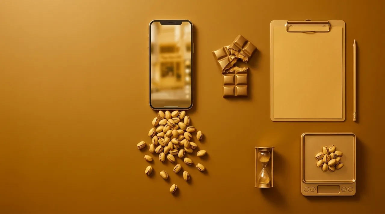 Bodegón en tonos dorados con un móvil del que se derraman pistachos sobre la mesa, una tableta de chocolate partida con relleno cremoso, una carpeta de desarrollo de producto con lápiz, un reloj de arena pequeño y una báscula de cocina, metáfora de una tendencia viral que llega al laboratorio de innovación