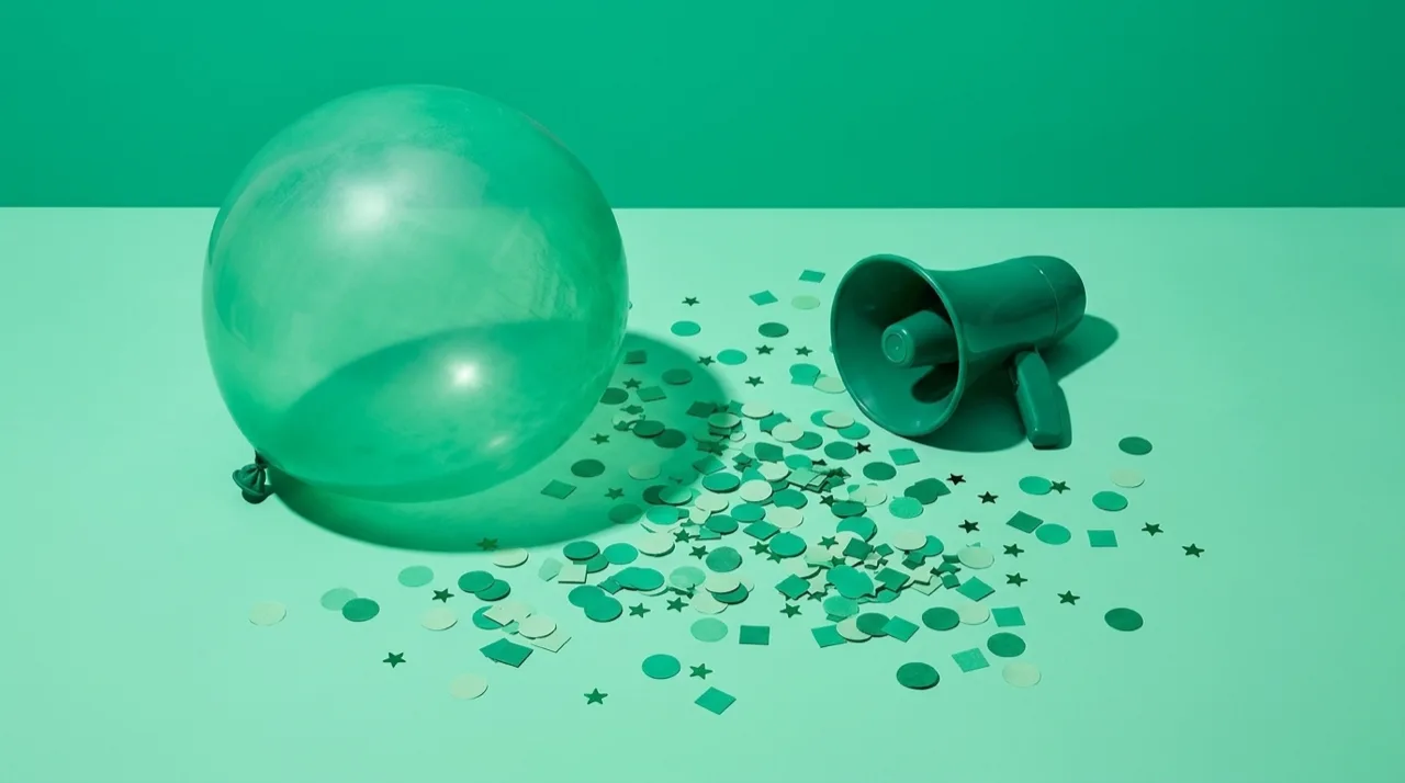 Bodegón en tonos verdes: un cohete de juguete despega entre confeti que cae, mientras un ancla firme permanece al lado, metáfora del impacto viral fugaz frente a la marca que permanece
