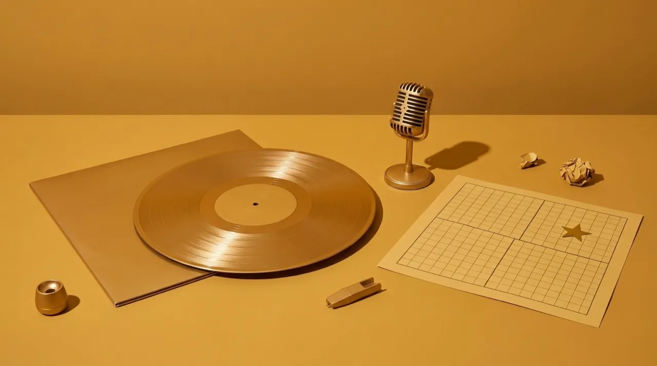 Escenario pop iluminado que evoca la era visual de una artista, metáfora del posicionamiento de marca coherente y reconocible
