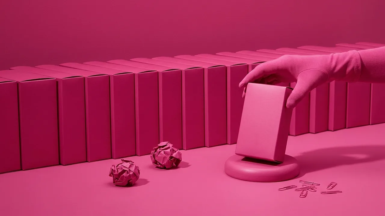 Bodegón en tonos rosa: un producto sobre un pedestal frente a una estantería de productos idénticos, metáfora de posicionarse en un mercado saturado