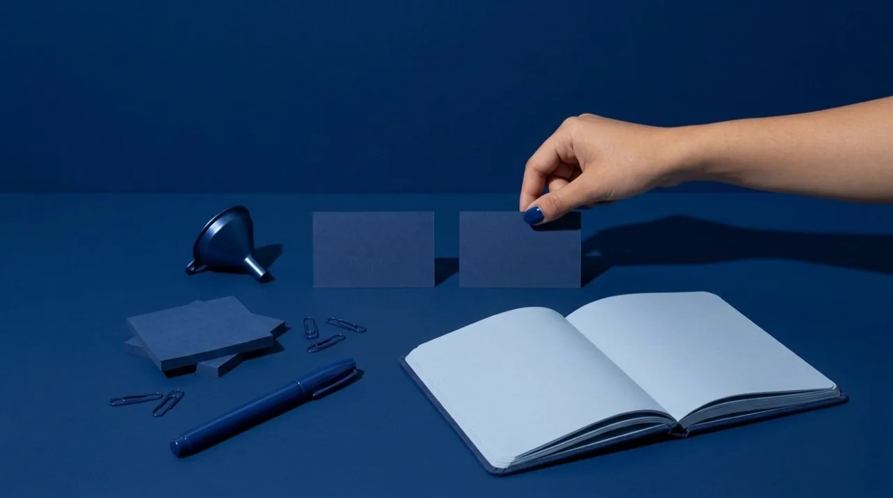 Bodegón en tonos azules: una mano elige entre dos tarjetas sobre un escritorio con libretas y clips, metáfora de la fase de consideración