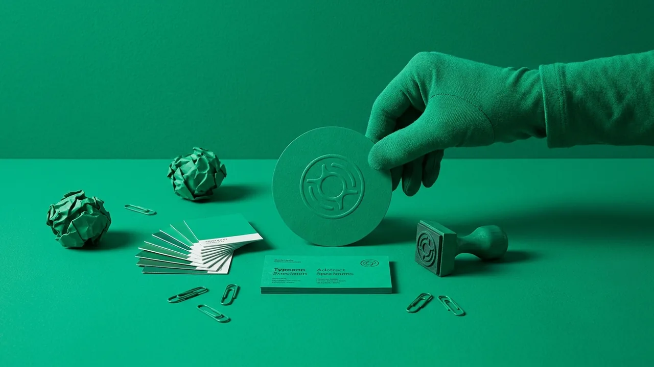 Bodegón en tonos verdes: elementos de identidad de marca (logo, colores, tipografía) ordenados sobre una mesa, metáfora de la identidad como sistema