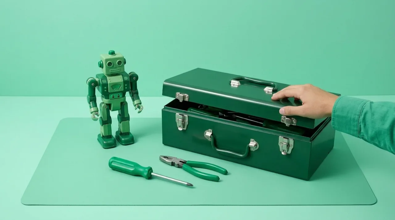 Bodegón en tonos rosas con un portátil y notas sobre inteligencia artificial, metáfora de los equipos de marketing aprendiendo a sacar partido a Claude