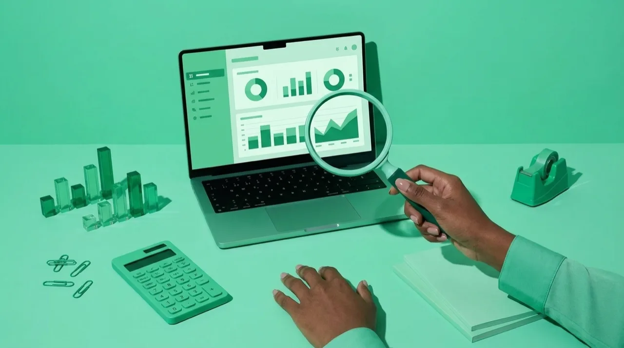 Bodegón en tonos verdes: una pantalla con gráficos de dashboard junto a una lupa que examina las métricas, metáfora de auditar si la tecnología aporta valor real