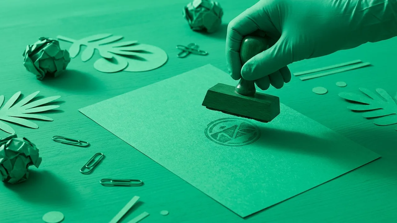 Bodegón en tonos verdes: un sello presiona una marca sobre papel rodeado de recortes de símbolos y letras, metáfora de los tipos de logo