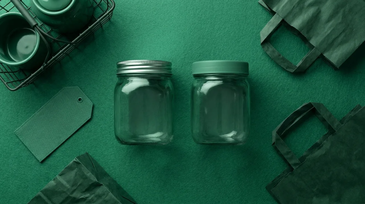 Bodegón monocromático verde: un producto de marca junto a su versión de marca blanca, metáfora de la batalla por justificar el premium