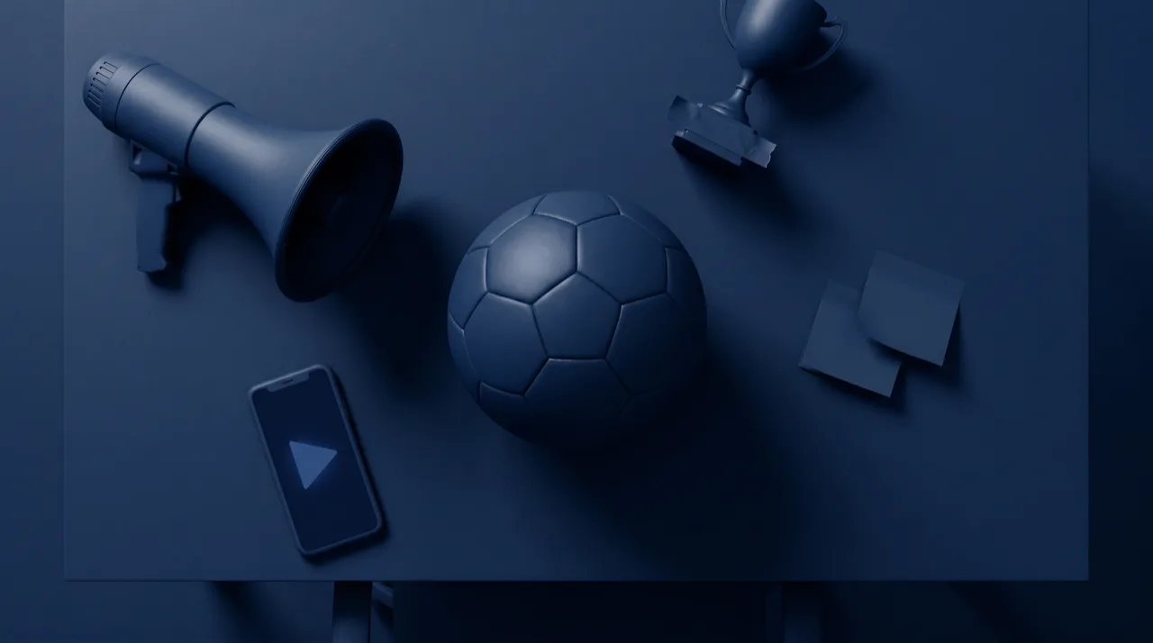 Bodegón monocromático en navy: un balón, un megáfono y un trofeo tapado con cinta sobre un escritorio, metáfora de jugar el Mundial sin ser patrocinador