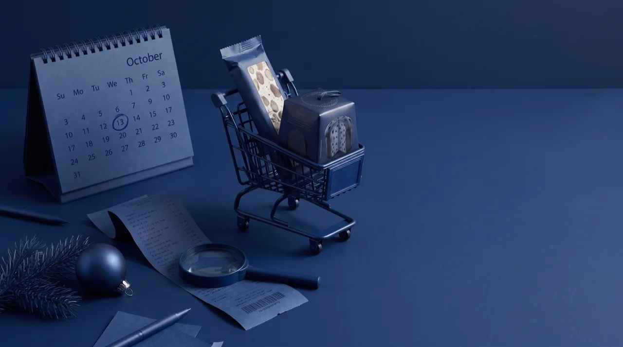 Bodegón en tonos azul marino con un carrito de supermercado en miniatura cargado con una tableta de turrón, un calendario de mesa abierto en octubre, un tique de compra largo con una lupa encima y una bola de Navidad, metáfora de la campaña navideña que empieza en octubre y del consumidor que revisa cada ticket