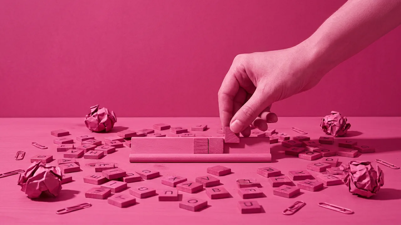 Bodegón en tonos rosa: fichas de letras de madera sobre una mesa y una mano componiendo un nombre, metáfora de la creación de un nombre de marca