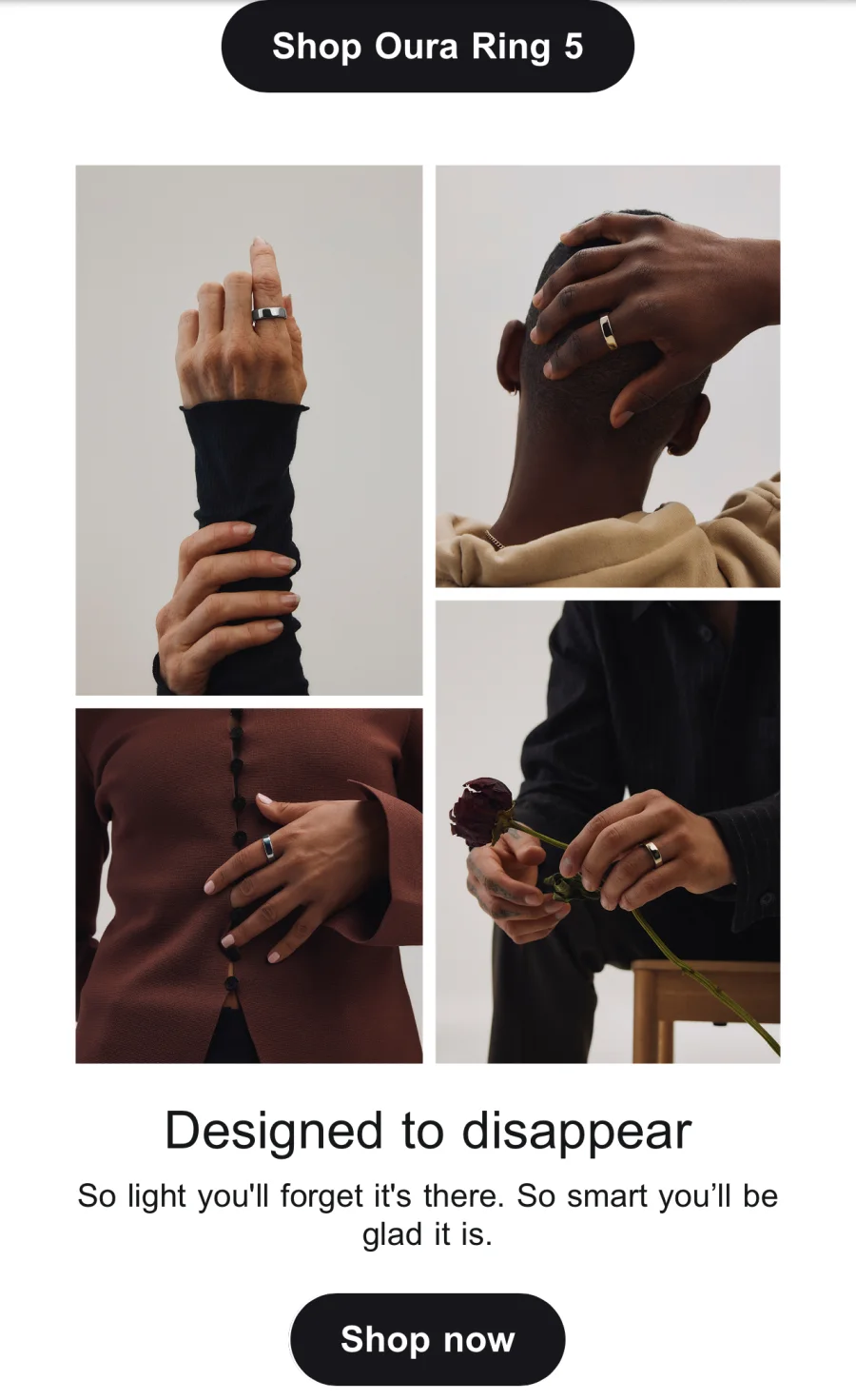 Newsletter de Oura con el mensaje «Designed to disappear. So light you'll forget it's there. So smart you'll be glad it is.»