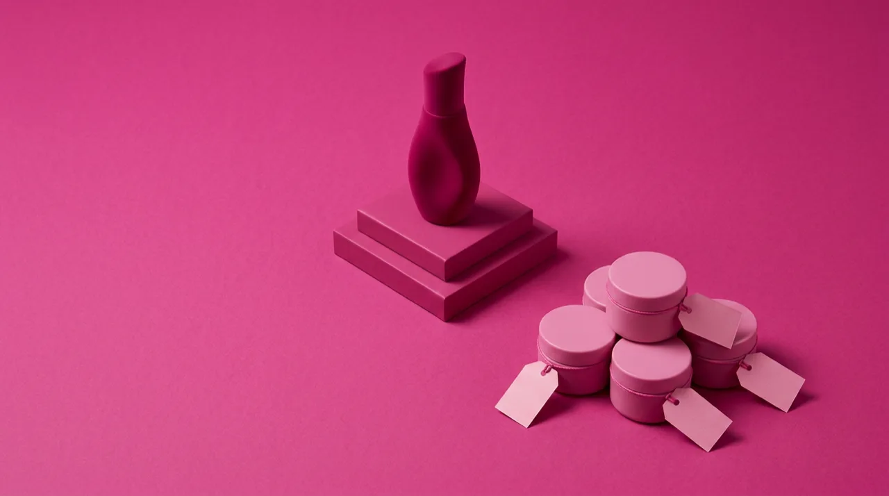 Bodegón monocromático en rosa: una pieza colocada sobre un pedestal frente a otras apiladas con etiquetas de precio, metáfora de competir por valor