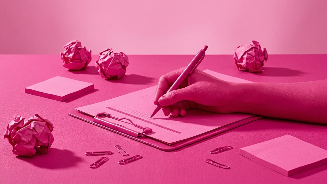 Bodegón en tonos rosa: un brief en un portapapeles con bolígrafo y notas, metáfora del documento que guía un proyecto creativo