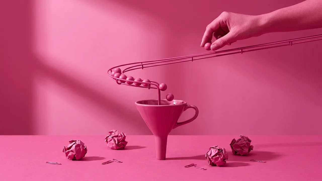 Bodegón en tonos rosa: un embudo con esferas entrando y un circuito que las hace volver al inicio, metáfora del brand funnel y el loyalty loop