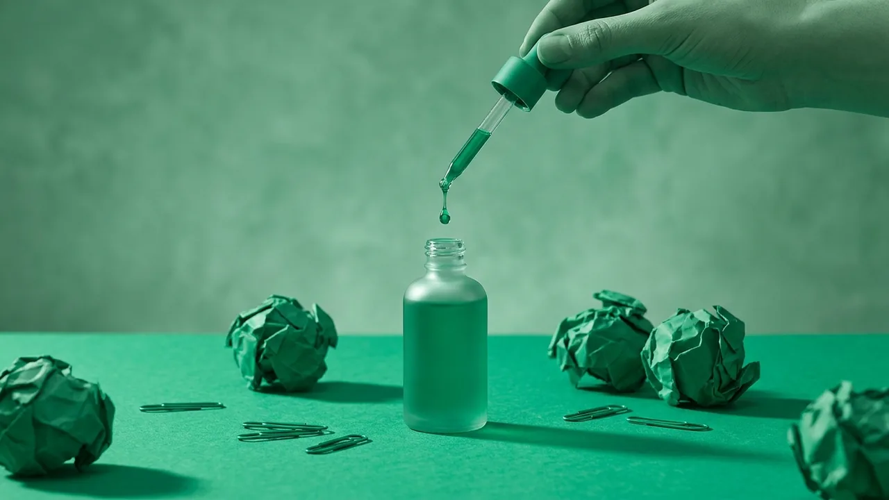 Bodegón en tonos verdes: un frasco de esencia con una gota sobre la mesa, metáfora del núcleo emocional de una marca