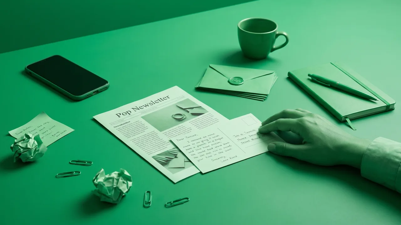 Bodegón en tonos verdes con un móvil boca abajo apartado, una newsletter impresa, una postal escrita a mano, sobres cerrados, un cuaderno, una taza de café y una mano que coge la postal en lugar del teléfono, metáfora de una marca que recupera la relación directa cuando la gente se cansa de las redes