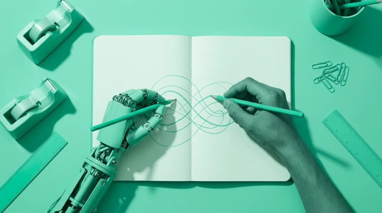 Una mano humana y un brazo robótico dibujando juntos sobre un mismo lienzo creativo, símbolo de la co-creación entre creatividad humana e inteligencia artificial