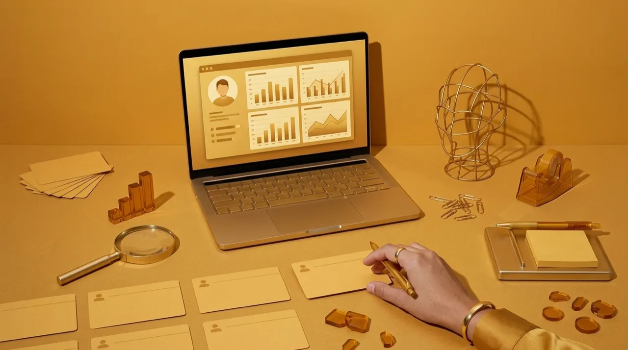 Bodegón en tonos dorados: un portátil muestra un dashboard con un perfil y gráficas, junto a una lupa y fichas de personas, metáfora del research con synthetic personas
