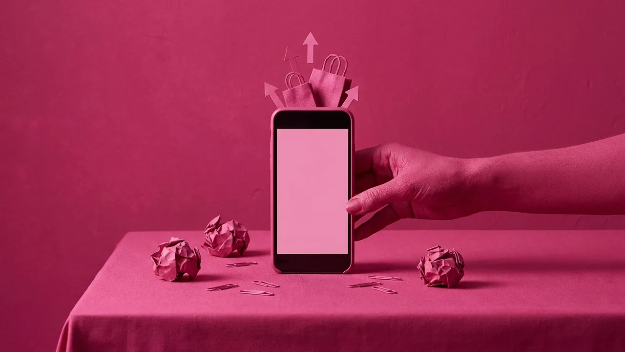 Bodegón en tonos rosa: un móvil vertical con flechas de crecimiento y bolsas de compra, metáfora de la oportunidad de TikTok para marcas