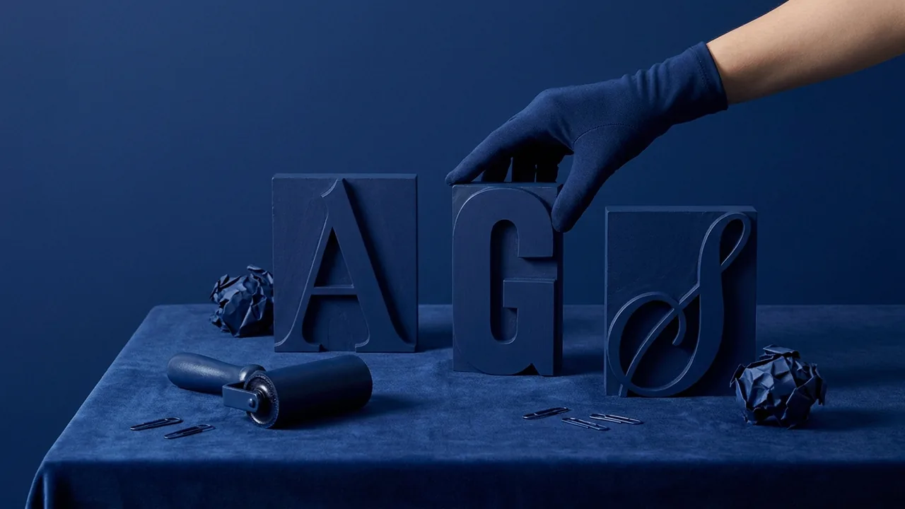 Bodegón en tonos navy: letras de imprenta en estilos serif, sans serif y script sobre una mesa con rodillo de tinta y clips, metáfora de elegir la voz tipográfica de la marca
