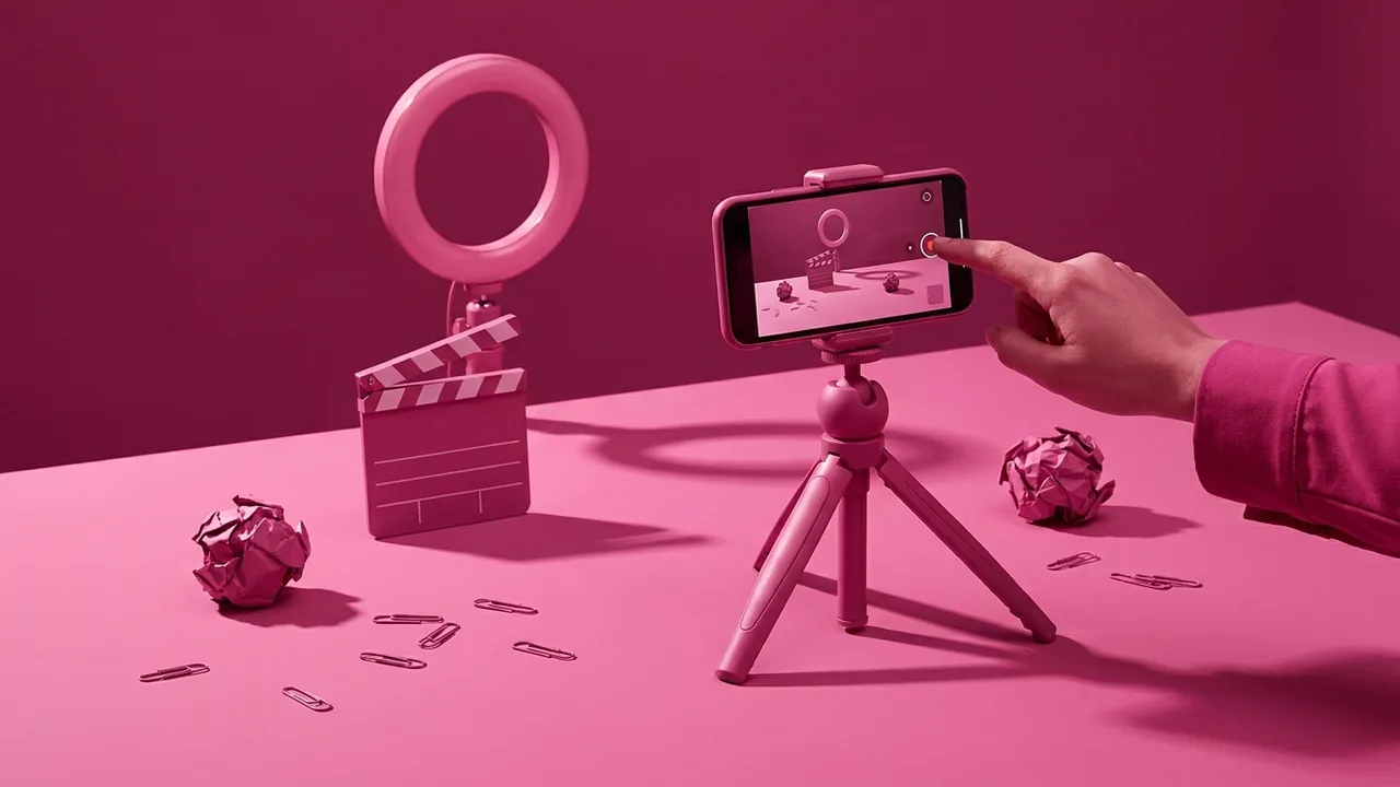 Bodegón en tonos rosa: smartphone en trípode grabando un Reel, claqueta y aro de luz sobre una mesa, metáfora de crear contenido en vertical