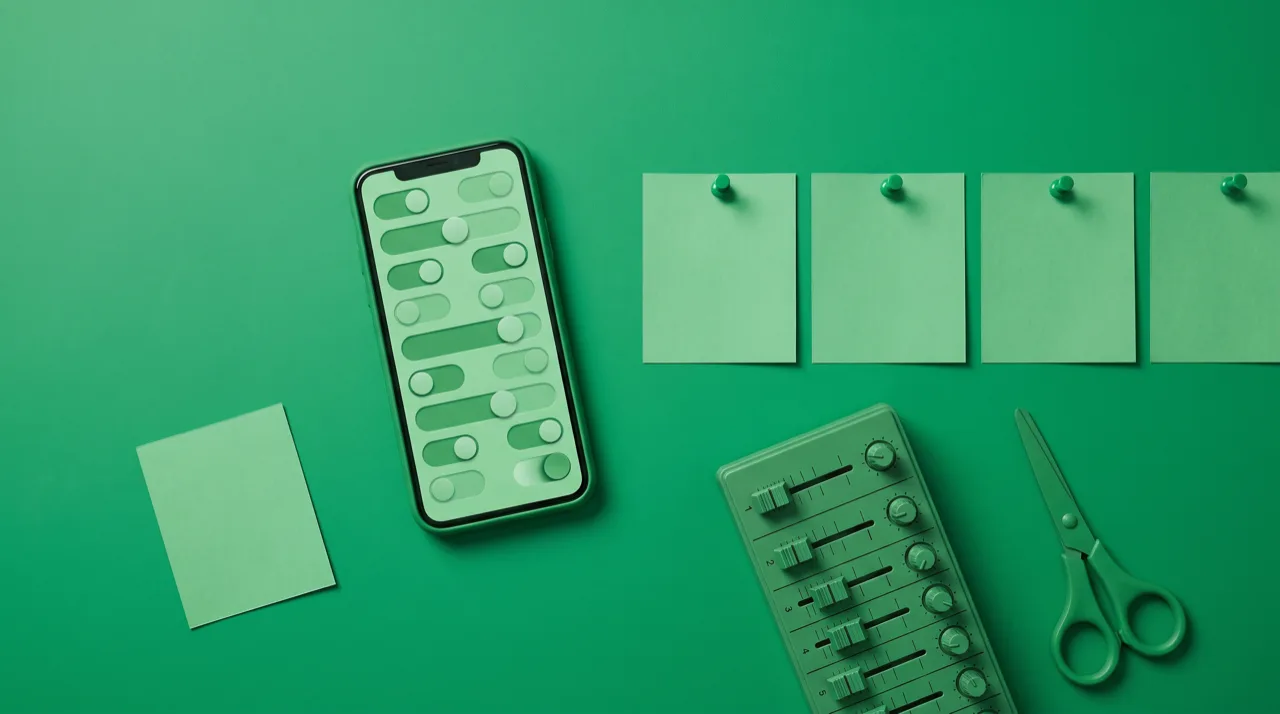 Bodegón cenital en tonos verde esmeralda con un smartphone cuya pantalla muestra solo interruptores y deslizadores, una fila de tarjetas en blanco pinchadas como intereses elegidos, una regleta de faders de audio, unas tijeras y una tarjeta suelta apartada del grupo, metáfora de la marca que el usuario no ha elegido en Your Algorithm