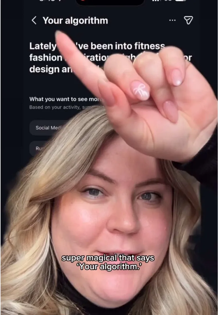 Fotograma del vídeo de TikTok de @askaniamedia mostrando el panel Your Algorithm de Instagram con el resumen de intereses y la lista de lo que el usuario quiere ver más